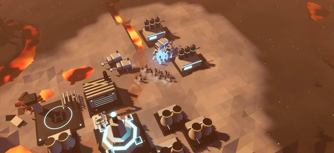 Ashen Worlds gameplay: a base with a Command Core, airfield, factory and power plants on a volcanic plain, with troops and harvesters at a crystal field