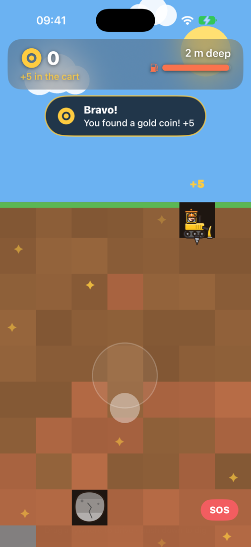 Little Diggers gameplay: a yellow dozer digging a tunnel underground, finding a gold nugget